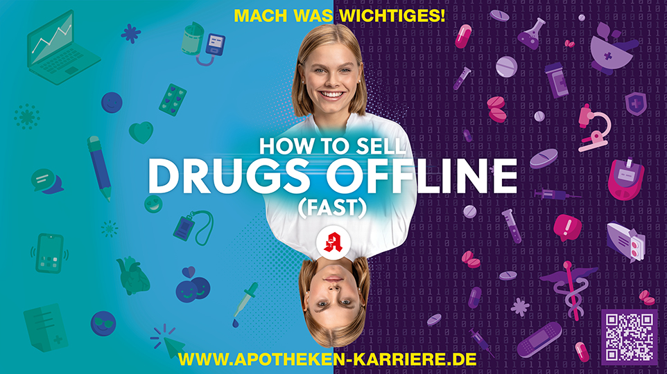 Zweigeteiltes Bild in türkis und lila. Mittig ist eine Person, die in der horizontalen gespiegelt wird und der Slogan "HOW TO SELL DRUGS OFFLINE (FAST)".