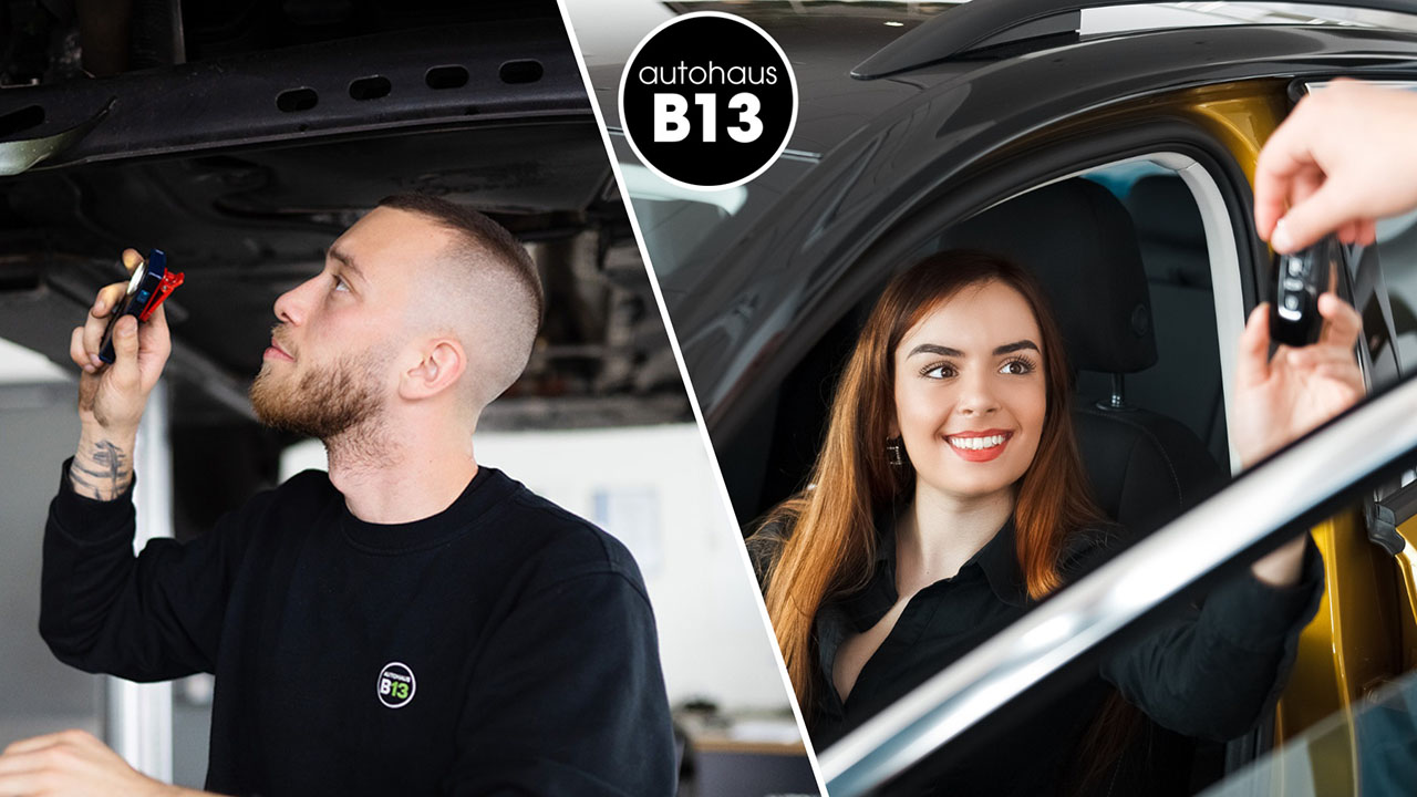 Collage: Person schraubt am Auto, Person sitzt im Auto und bekommt einen Schlüssel