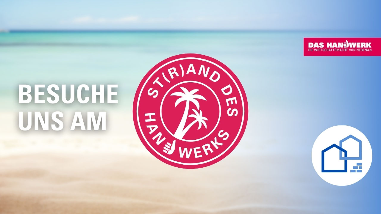 Strandbild mit Aufschrift "Besuche uns am St(r)and des Handwerks" und Logo Baugewerken-Innung Oldenburg
