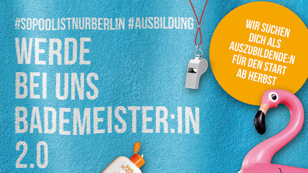 Handtuch mit der Aufschrift: Werde bei uns Bademeister:in 2.0, darauf ein aufblasbarer Flamingo, eine Trillerpfeife, Sonnencreme