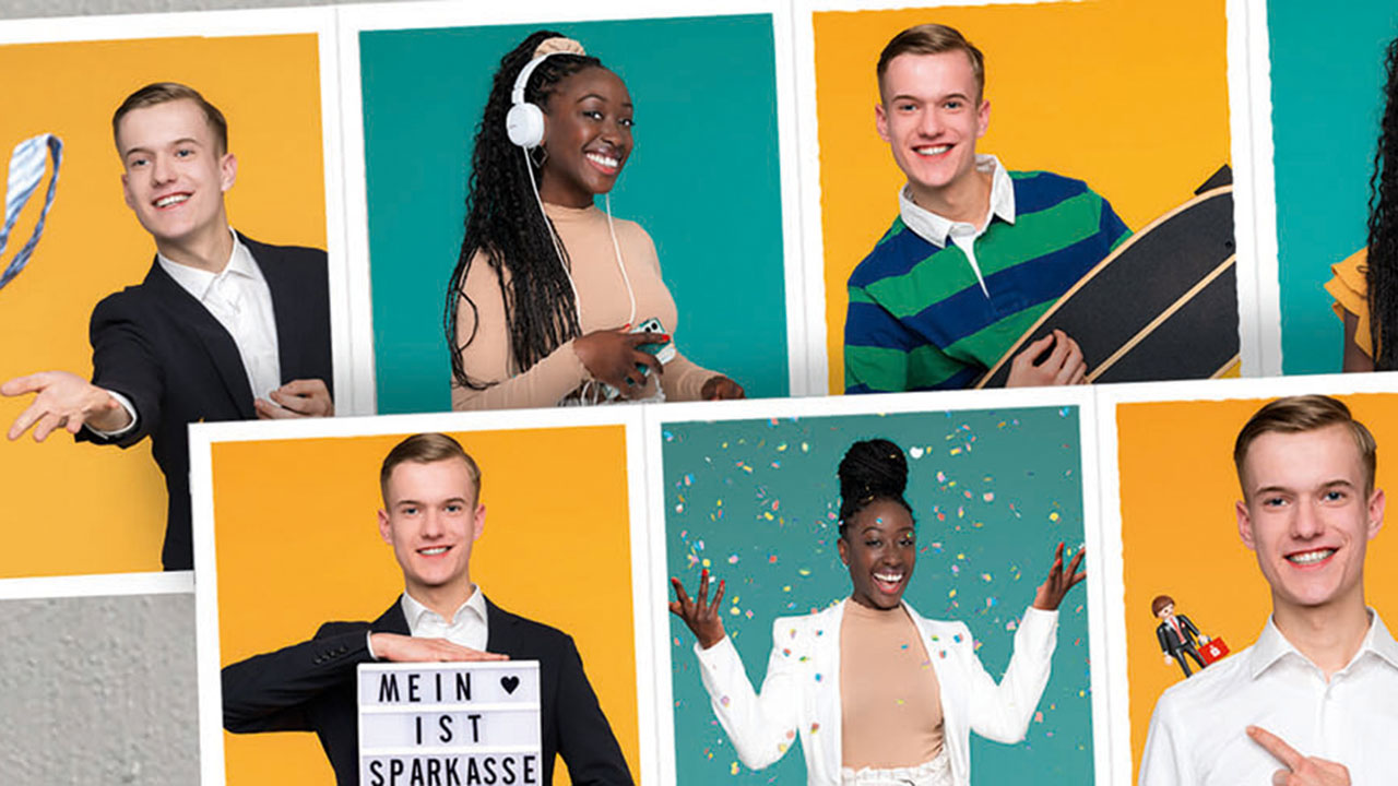 Bildcollage von jungen Personen in verschiedenen Posen vor gelbem und grünem Hintergrund