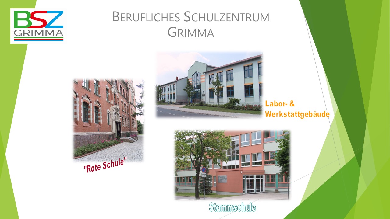 Bildcollage Berufliches Schulzentrum Grimma von den drei Schulgebäuden "Rote Schule, Labor- & Werkstrattgebäude und Stammschule"