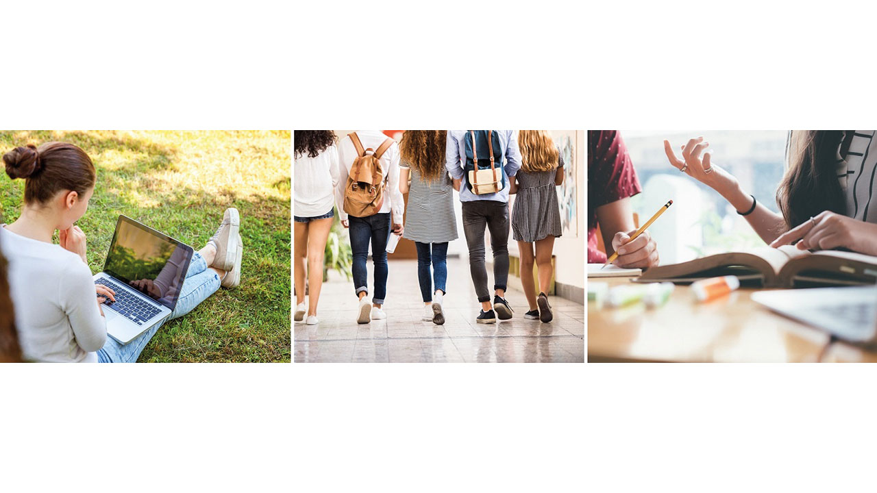 3 Bilder. 1. Eine Frau am Laptop auf einer Wiese sitzend. 2. Menschen laufen einen Gang entlang. 3. Man sieht Hände gestikulieren