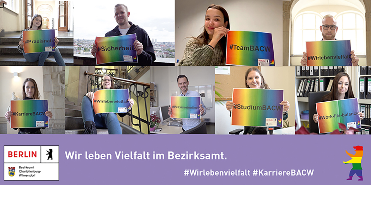 Bildcollage von neun Mitarbeitenden, Bildaufschrift: Wir leben Vielfalt im Bezirksamt.