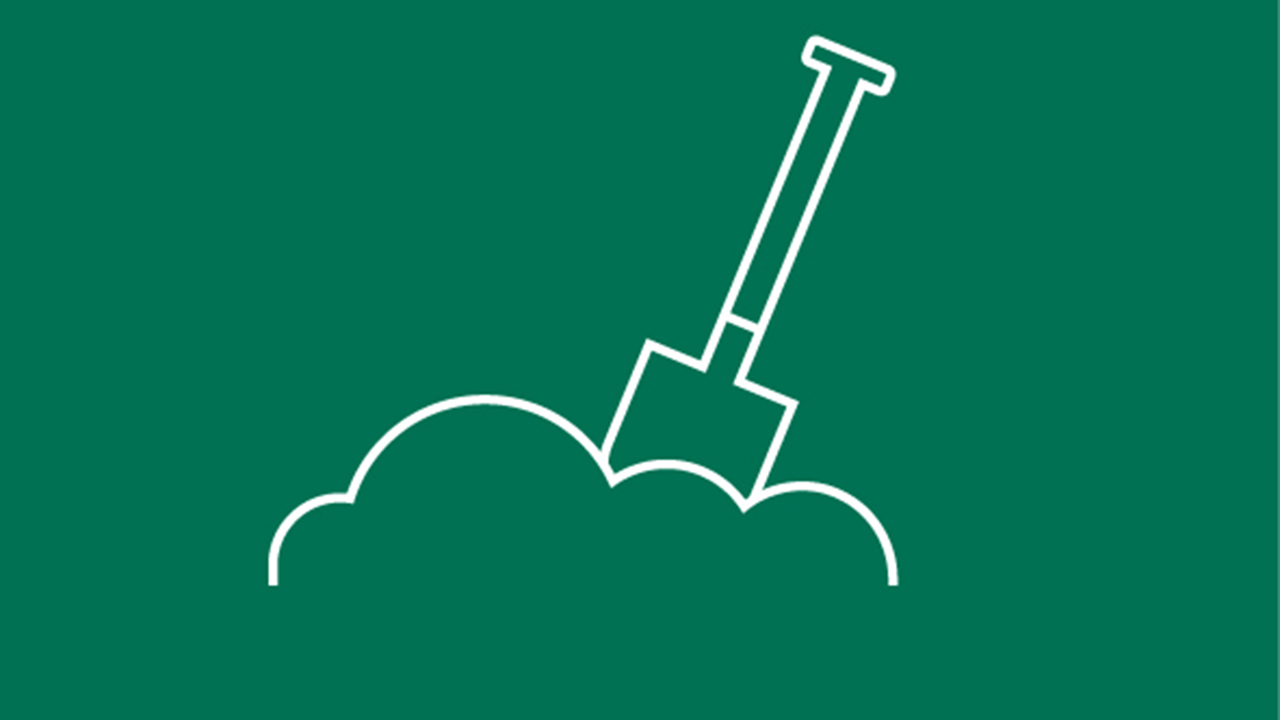 Grafik von einer Schaufel, die in der Erde steckt mit grünem Hintergrund