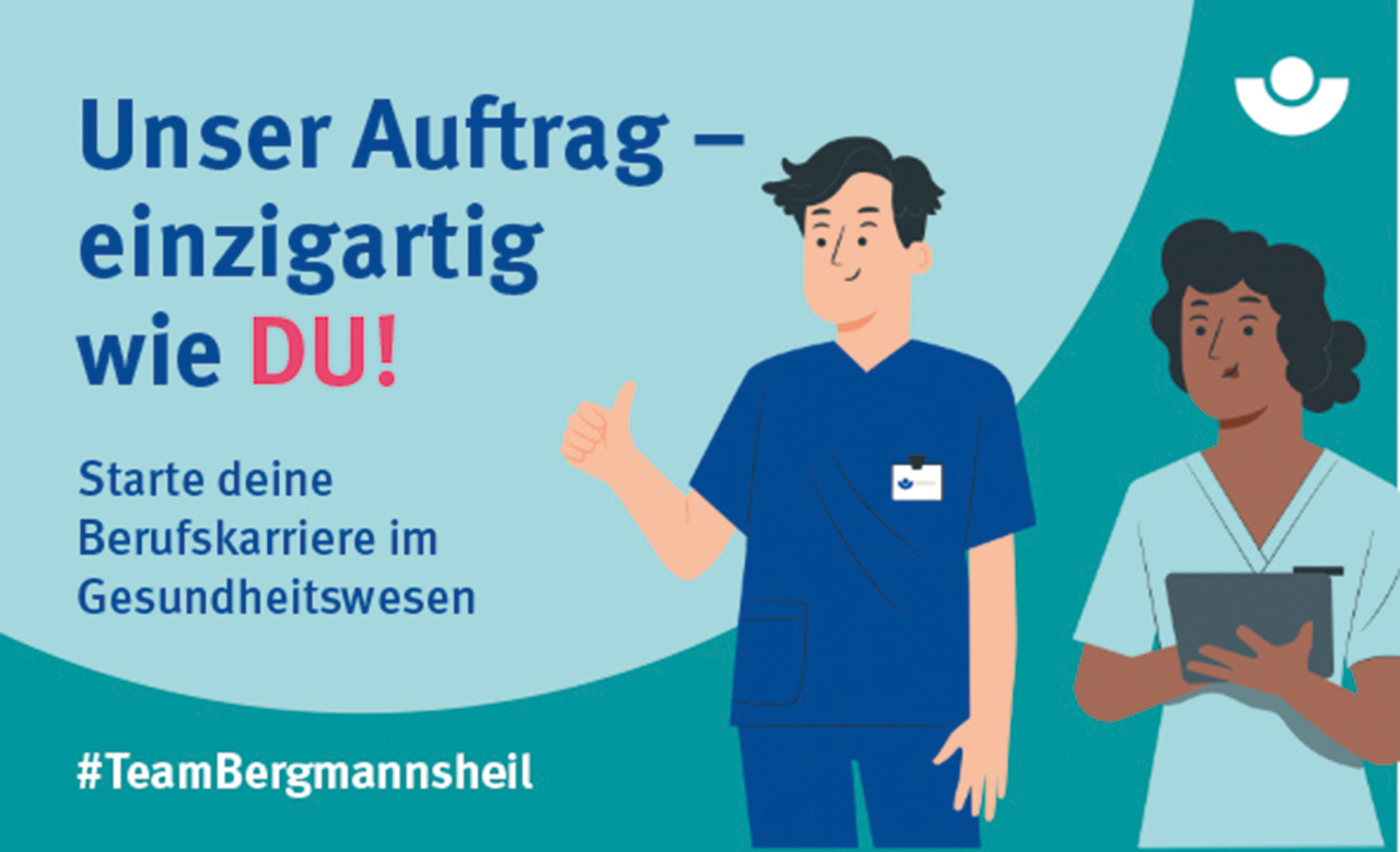 Grafik mit 2 Menschen in Pflegebekleidung, Bildaufschrift: Unser Auftrag – einzigartig wie du!