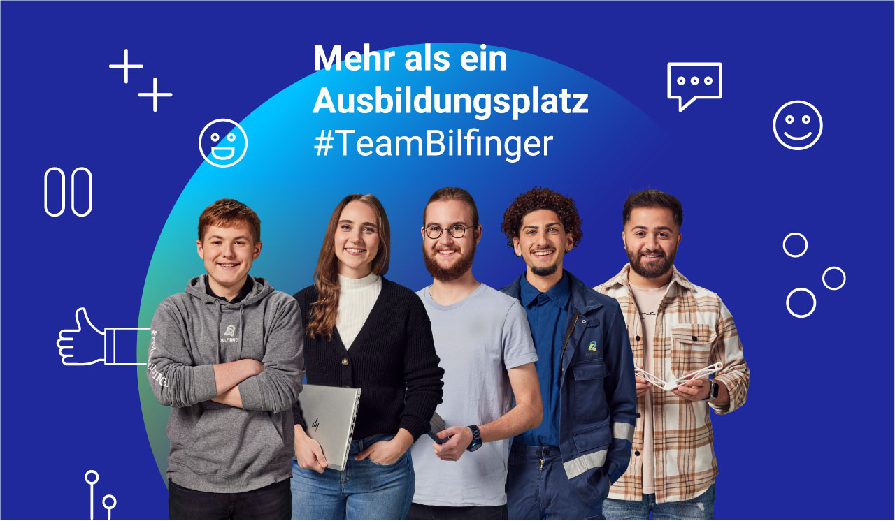 5 junge Menschen lächeln. Spruch: Mehr als ein Ausbildungsplatz – komm ins #Teambilfinger