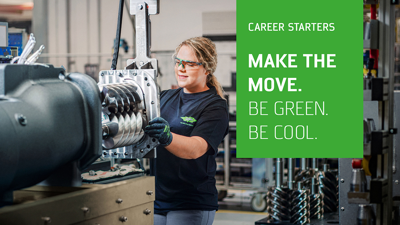 Junge Frau arbeitet mit Schutzbrille an Maschine. Slogan: Career starters Make the Move. Be Green. Be Cool. 