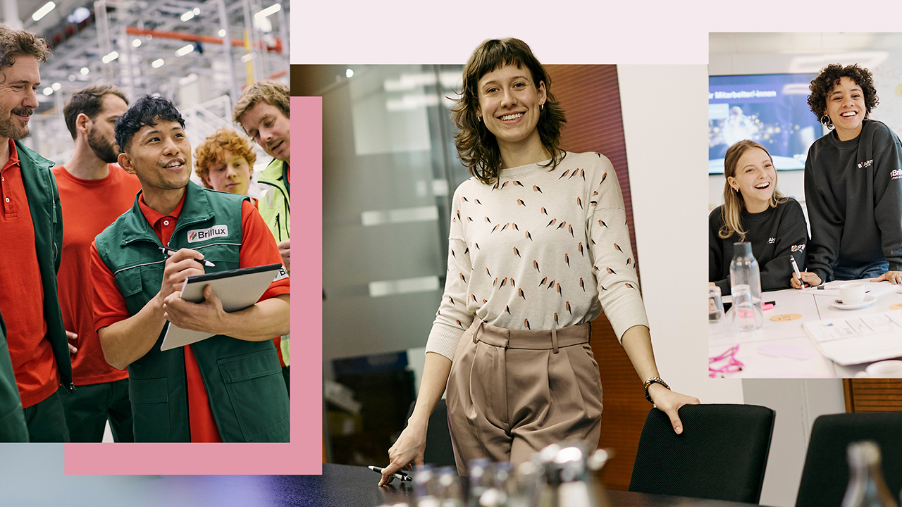 Fotocollage aus drei Bildern. Links ein kleines Team von 5 Mitarbeitenden bei einer Besprechung in einer Werkshalle, in der Mitte eine junge Frau in einer Arbeitssituation im Büro und rechts zwei Mitarbeitenden Am Tisch bei einer Besprechung.