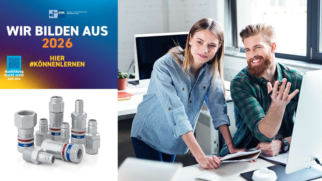 IHK-Siegel "Wir bilden aus 2026", CEJN-Elemente, zwei Mitarbeitende im Büro am Rechner.