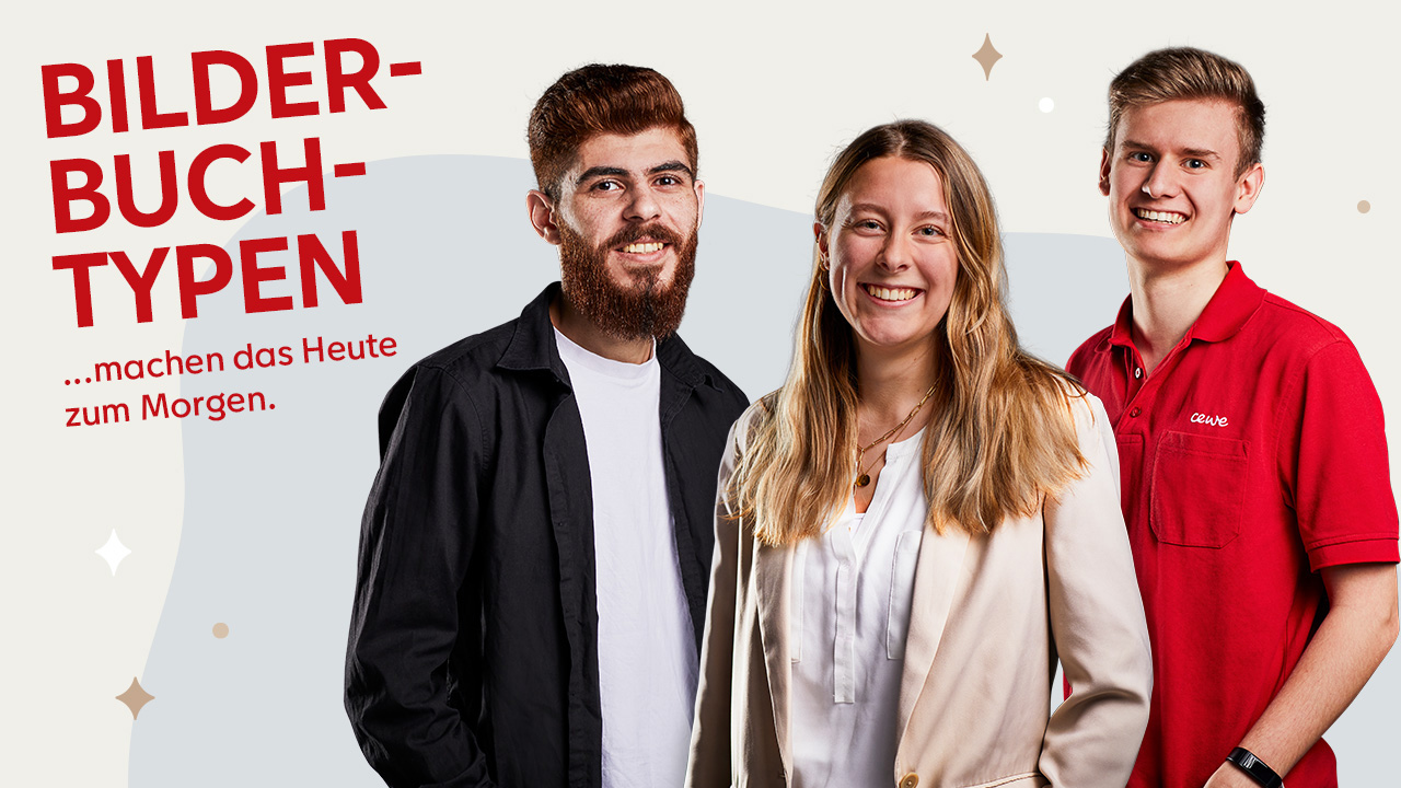 Drei junge lächelnde Personen, Bildaufschrift: Bilderbuchtypen machen das Heute zum Morgen.