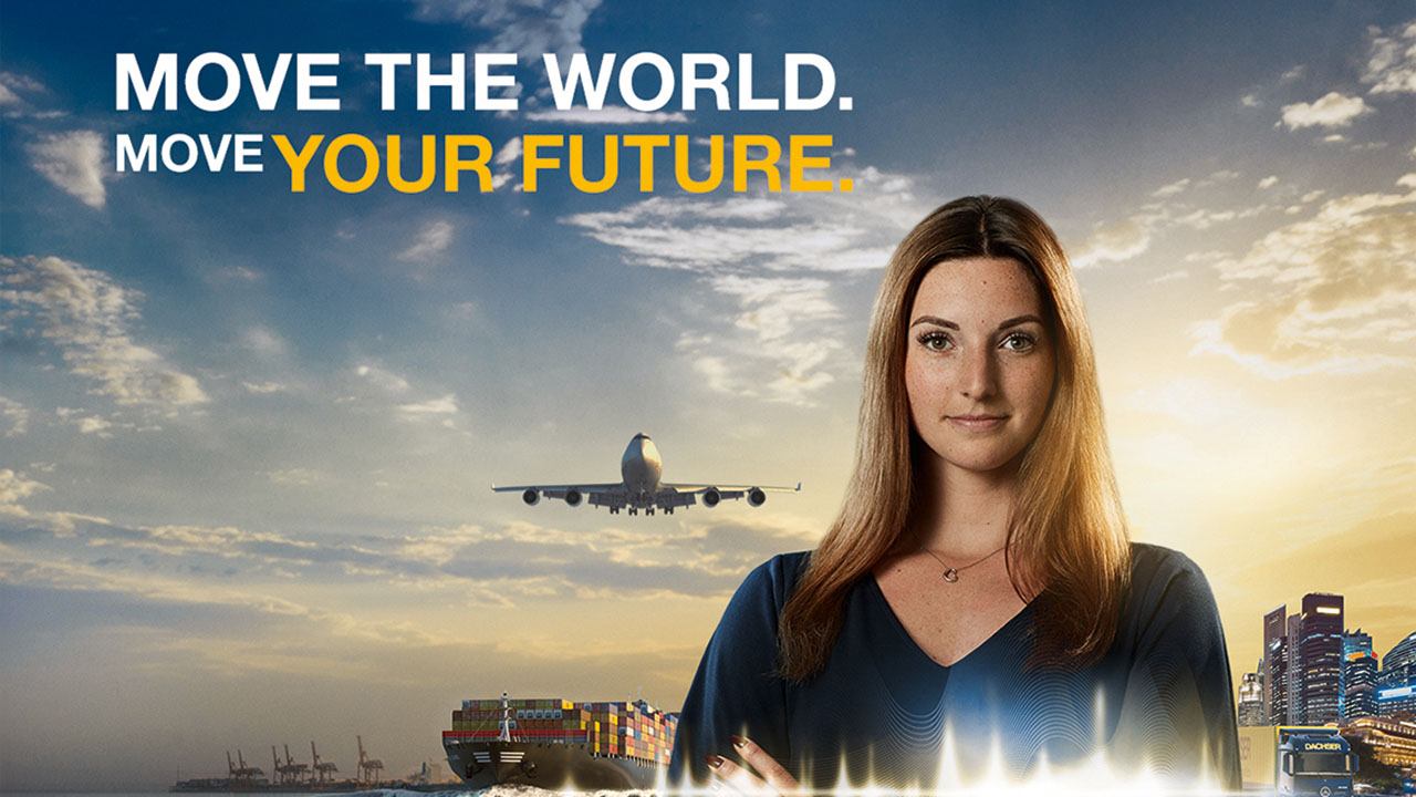 Junger Mensch vor einem Hintergrund mit Containerschiff, Flugzeug und LKW, Bildaufschrift: Move the world. Move your future.