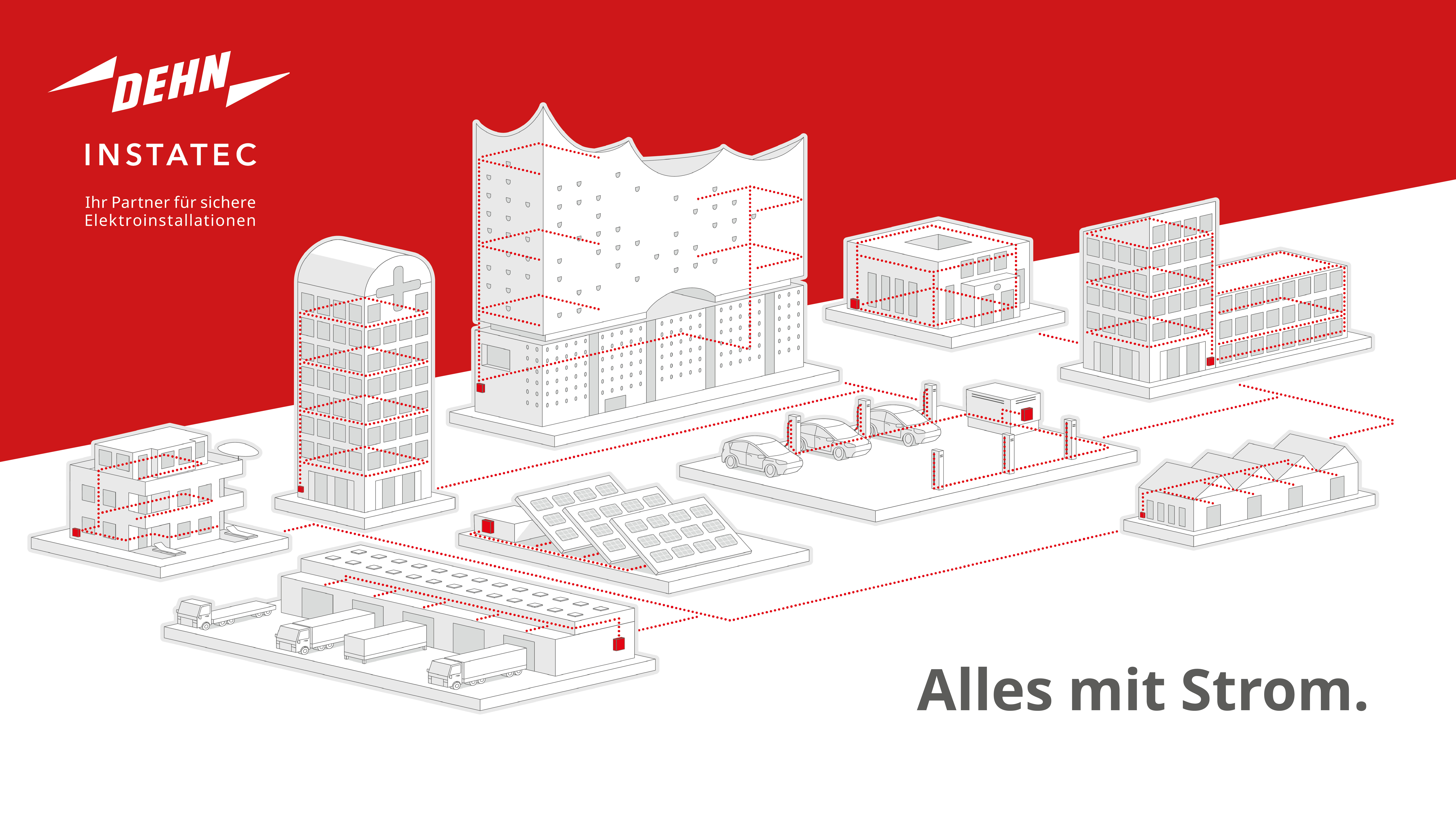 Zeichnung verschiedener Gebäude die durch rote Linien miteinander verbunden sind. Dazu der Spruch: Alles mit Strom. 