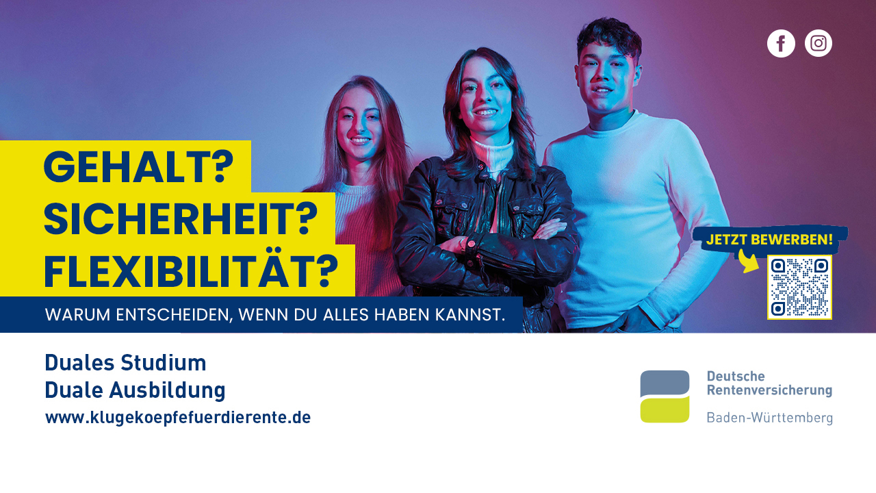 Drei Personen lächeln in die Kamera. Auf gelben Hintergrund der Slogan " GEHALT? SICHERHEIT? FLEXIBILITÄT? WARUM ENTSCHEIDEN WENN DU ALLES HABEN KANNST."