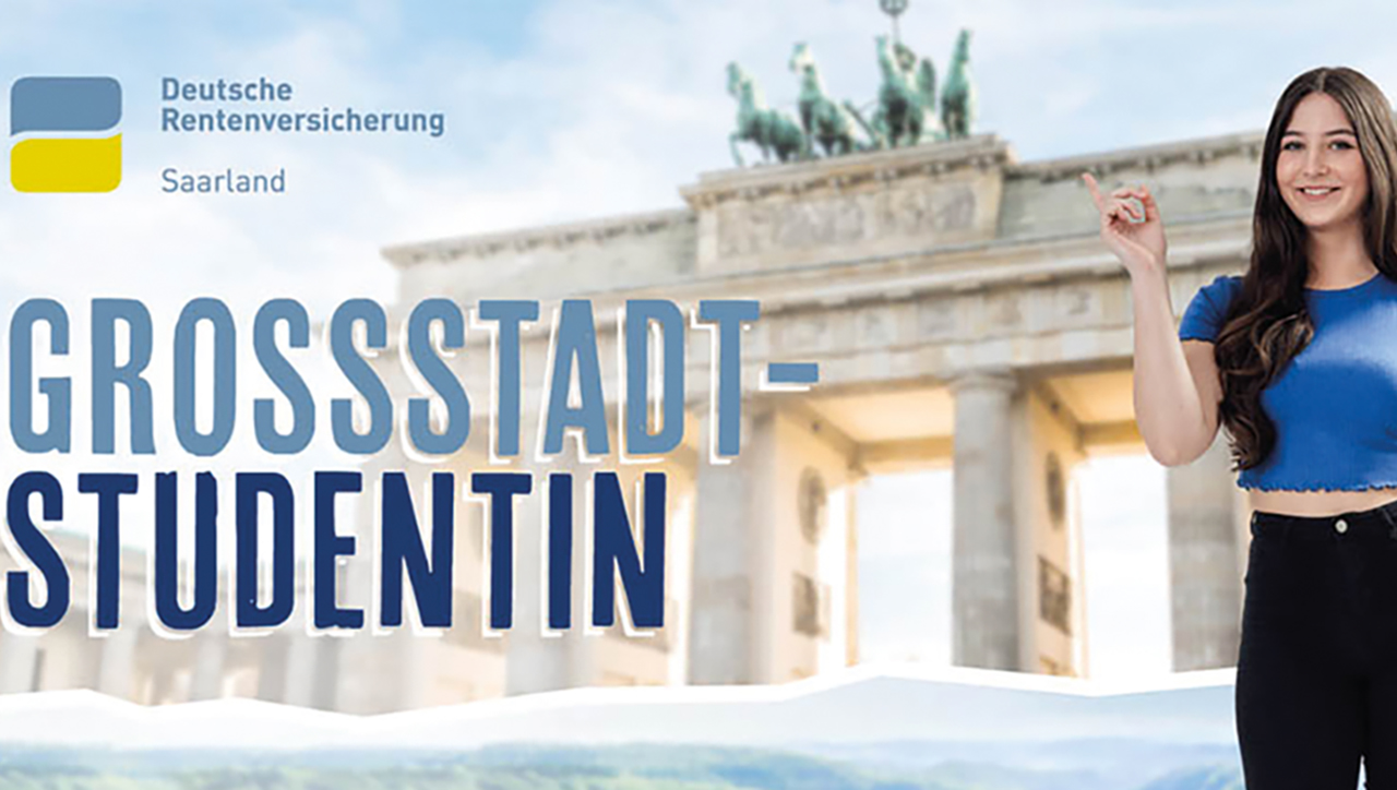 Junge Person vor dem Brandenburger Tor; Spruch: Großstadtstudentin