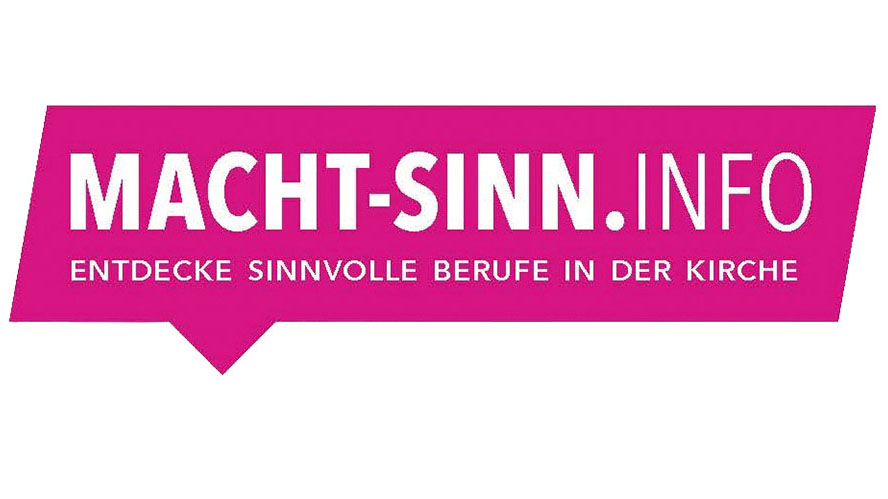 Magentafarbende Sprechblase "MACHT-SINN.INFO entdecke sinnvolle Berufe in der Kirche".
