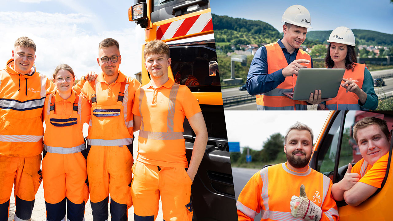 Bildcollage von Mitarbeitenden in orangefarbener Kleidung