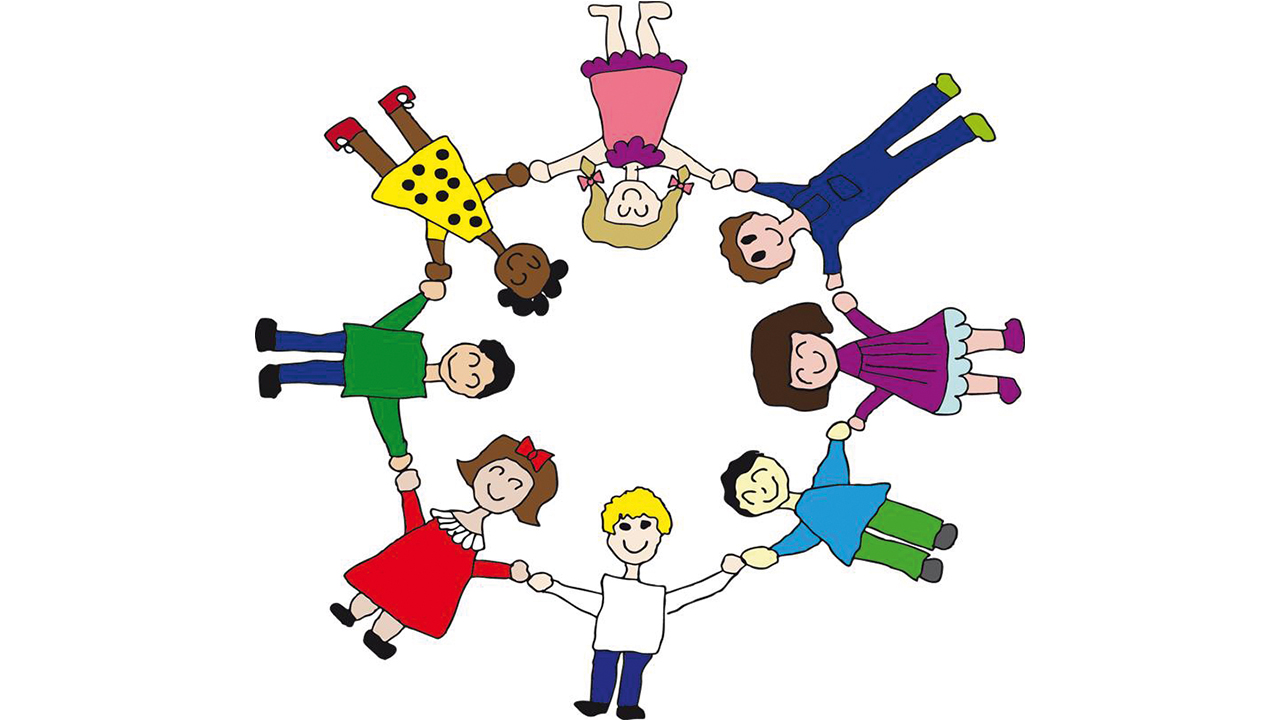 Graphik von Kindern, die sich an den Händen halten und eine Kreis bilden, daneben das Logo von Donner+Kern