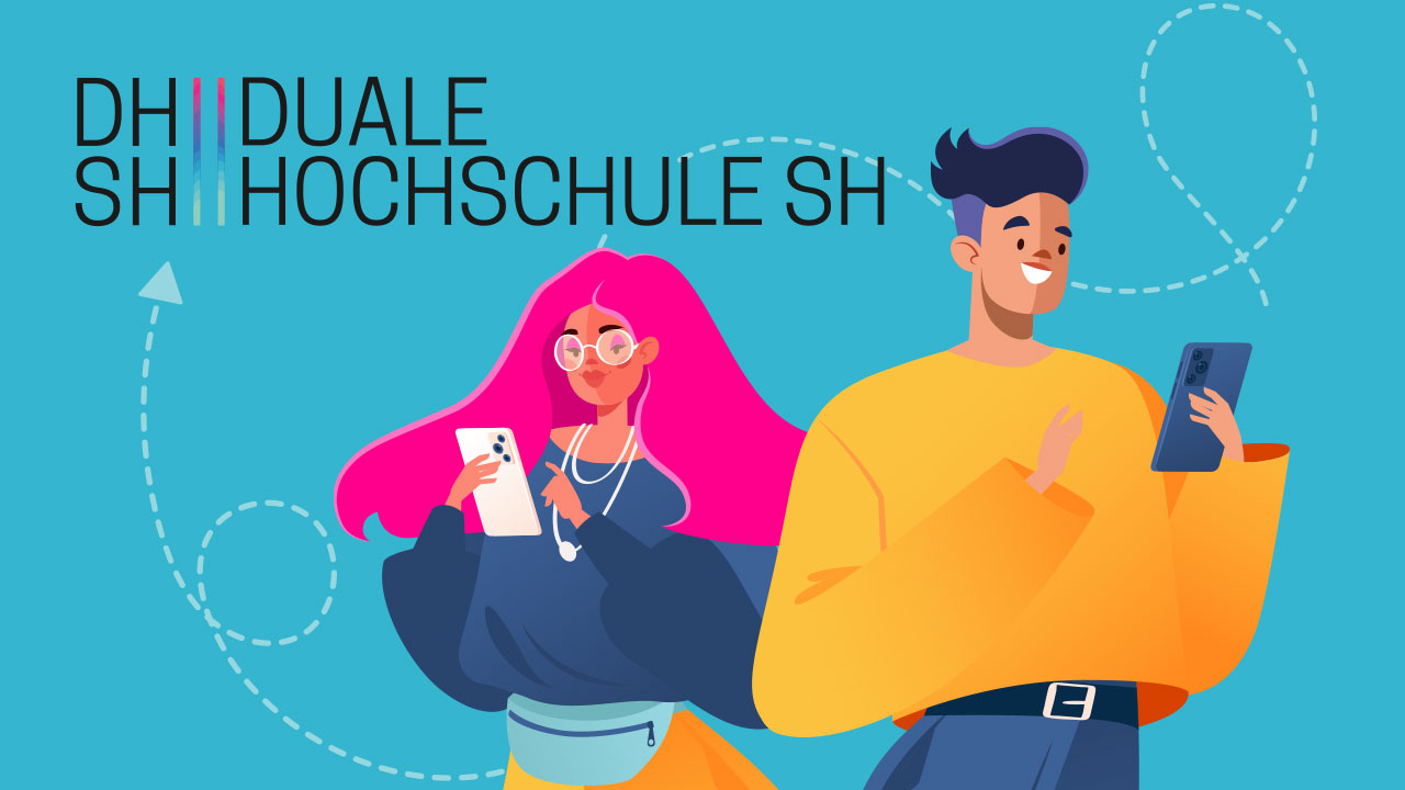Kampagnenbild DHSH Duale Hochschule SH im Comicstil. Junge Frau und junger Mann schauen auf ihr Handy