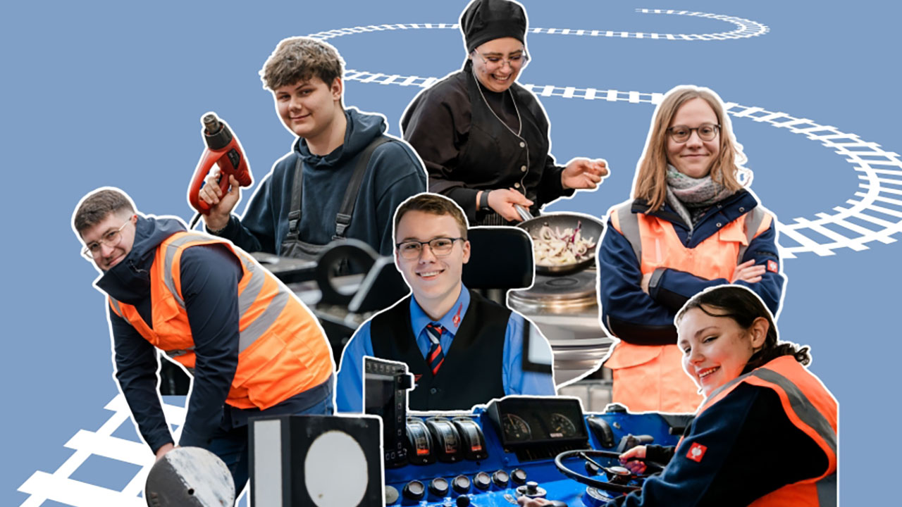 Bildcollage mit hellblauen Hintergrund. Zu sehen sind die verschiedenen Berufsbereiche im Bahnverkehr. 