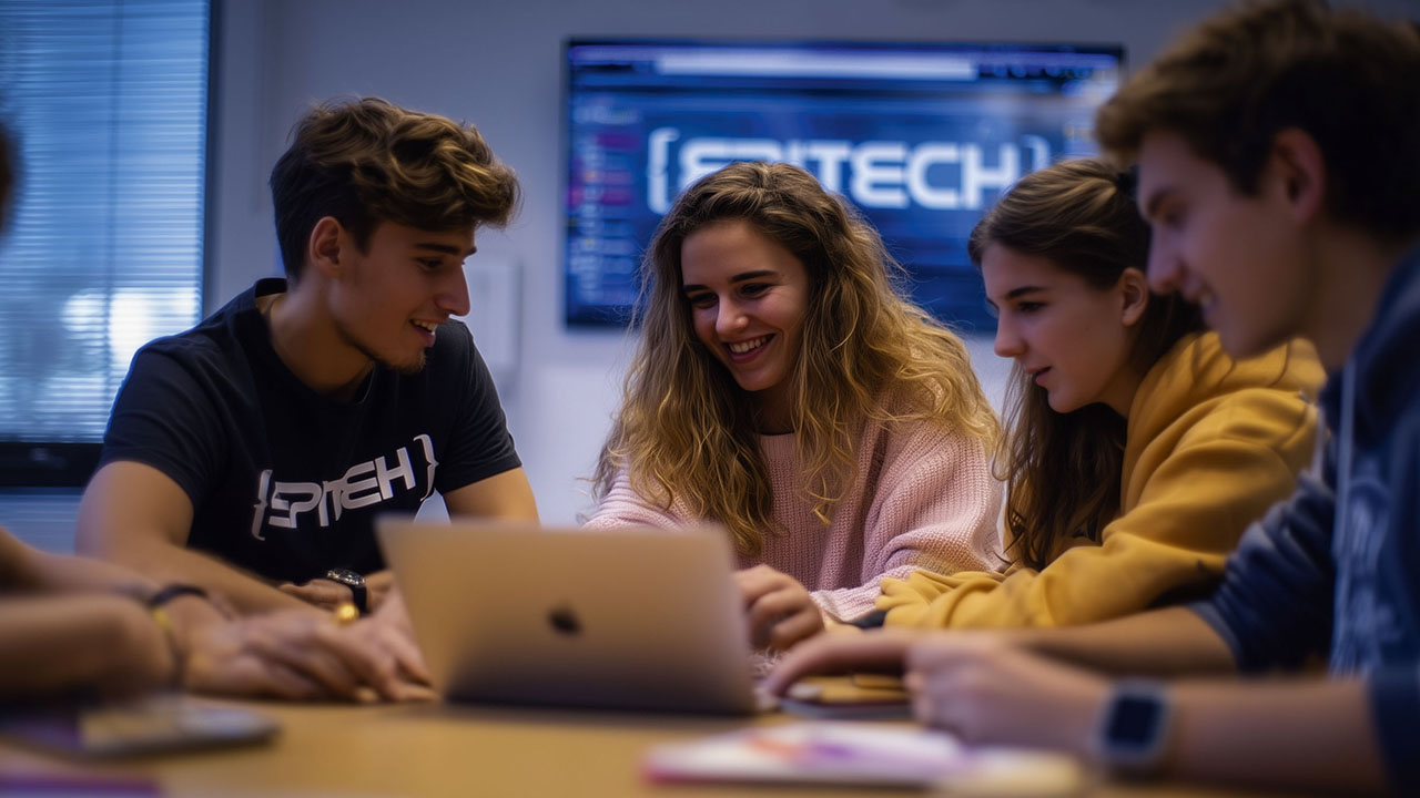 Junge Menschen sitzen gemeinsam an einem Laptop, im Hintergrund ein Bildschirm mit dem Epitech-Logo