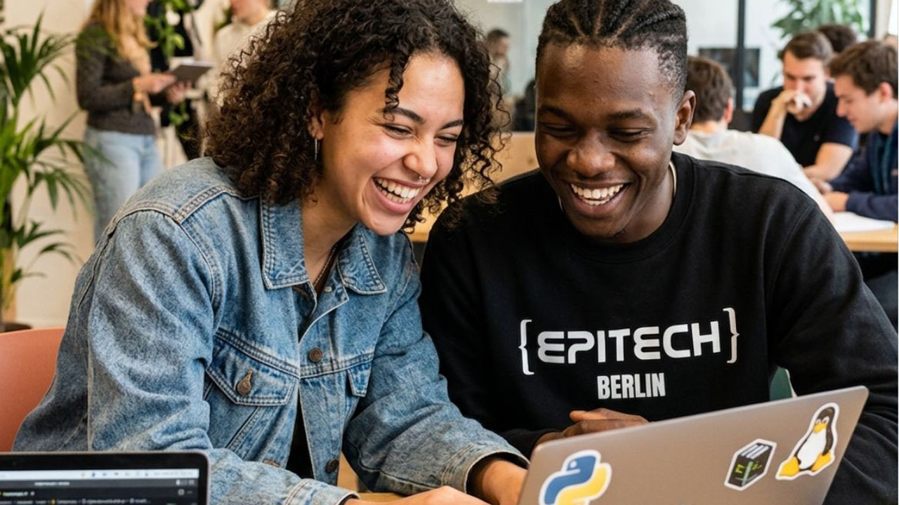 Zwei junge Menschen sitzen gemeinsam an einem Laptop, im Hintergrund sitzen weitere Personen