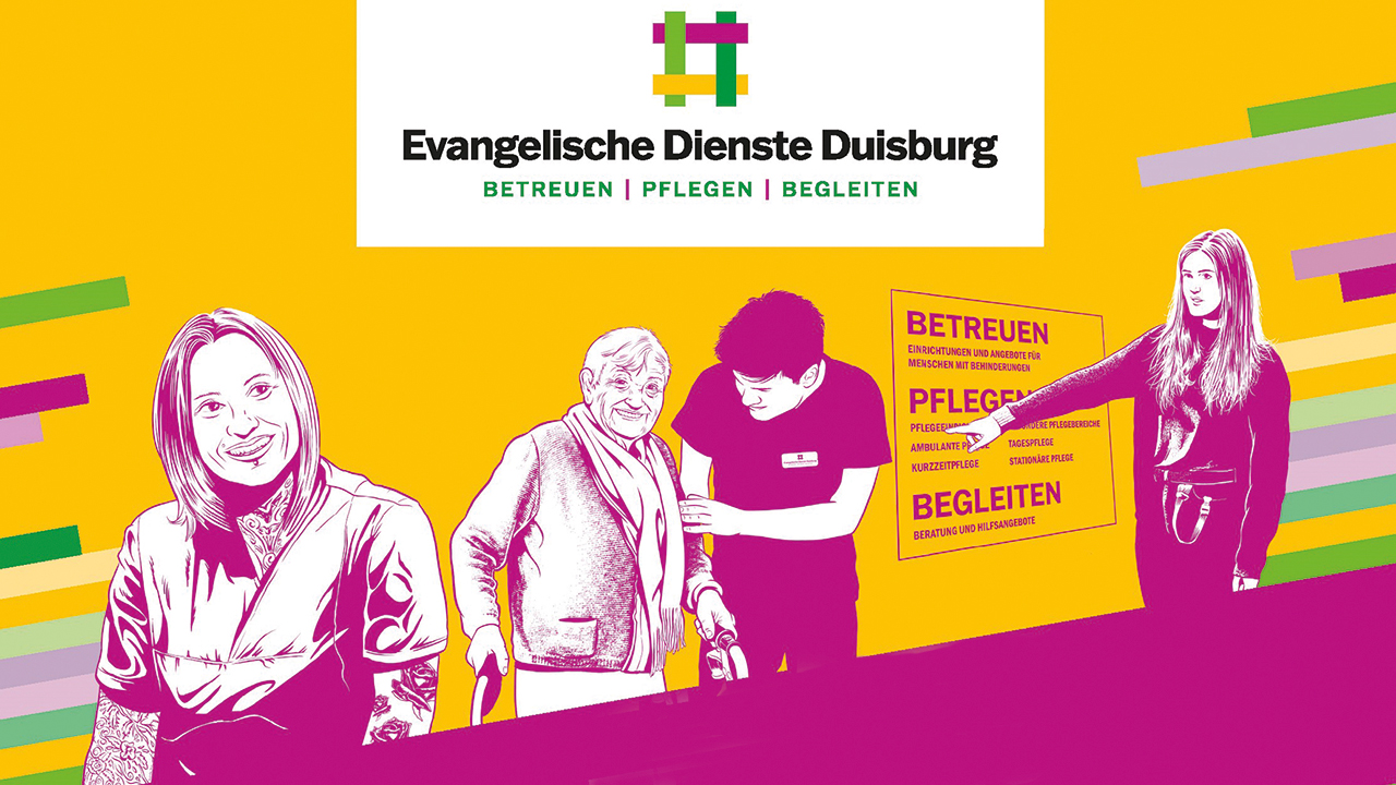 Imageanzeige der Evangelische Dienste Duisburg gGmbH. Die Kampagne ist in gelb und magenta gehalten darauf sind vier stilisierte Personen zu erkennen.