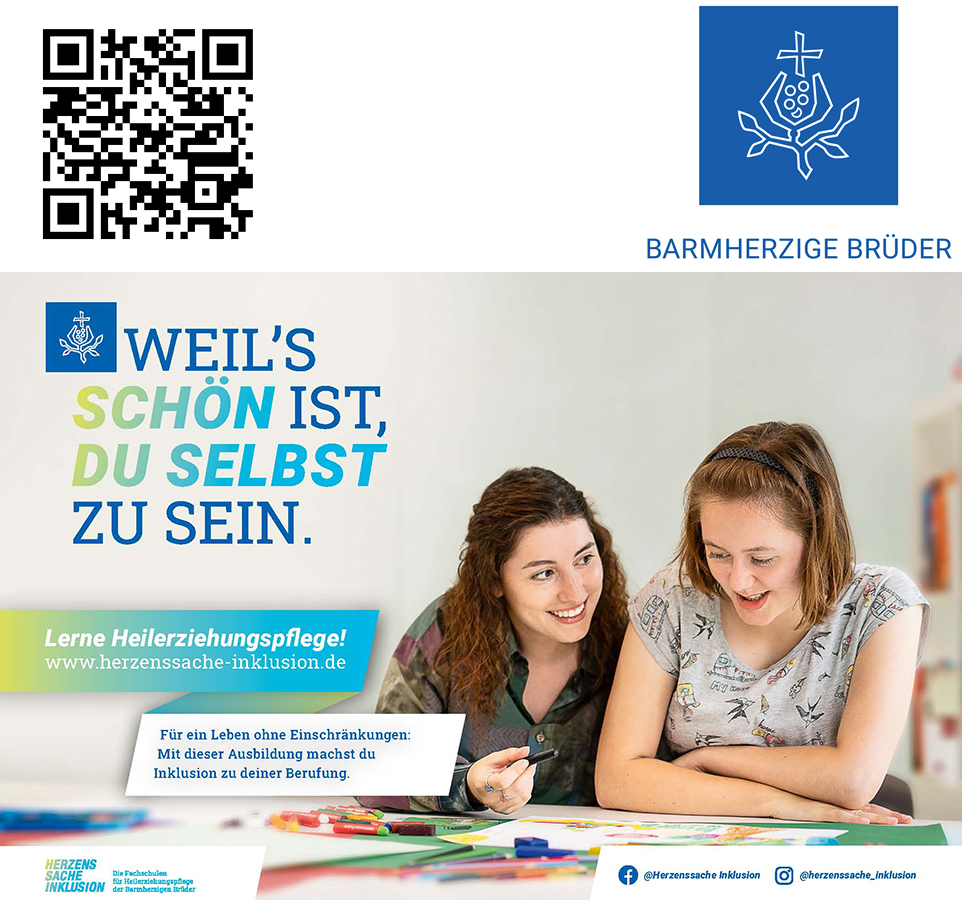 Zwei Personen malen gemeinsam und lachen. Daneben steht der Text :"Weil’s schön ist, du selbst zu sein" – Für ein Leben ohne Einschränkungen: Mit dieser Ausbildung machst du Inklusion zu deiner Berufung. Oben rechts: Logo der Barmherzigen Brüder  