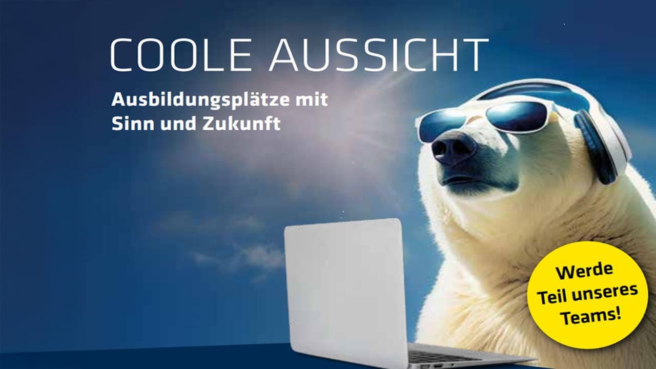 Kampagenenbild Coole Aissicht. Eisbär mit Sonnenbrille vor Laptop. Werde Teil unseres Teams!