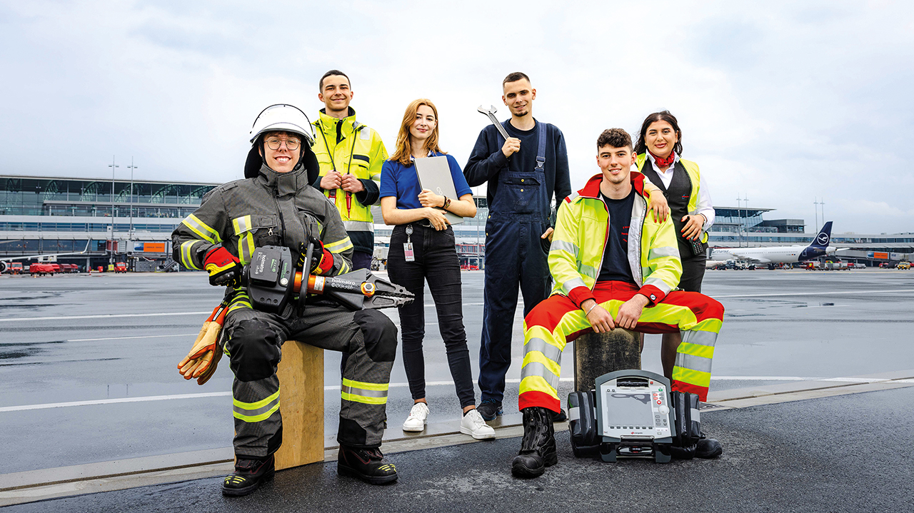 Junge Mitarbeitende in Arbeits- bzw. Sicherheitskleidung auf dem Rollfeld des Flughafens.