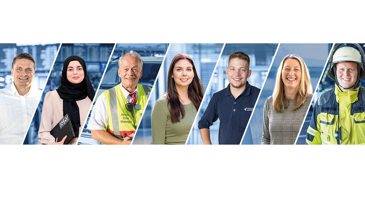 Sieben Personen in Arbeitskleidung verschiedener Berufsgruppen, die im Flughafenbetrieb mitarbeiten