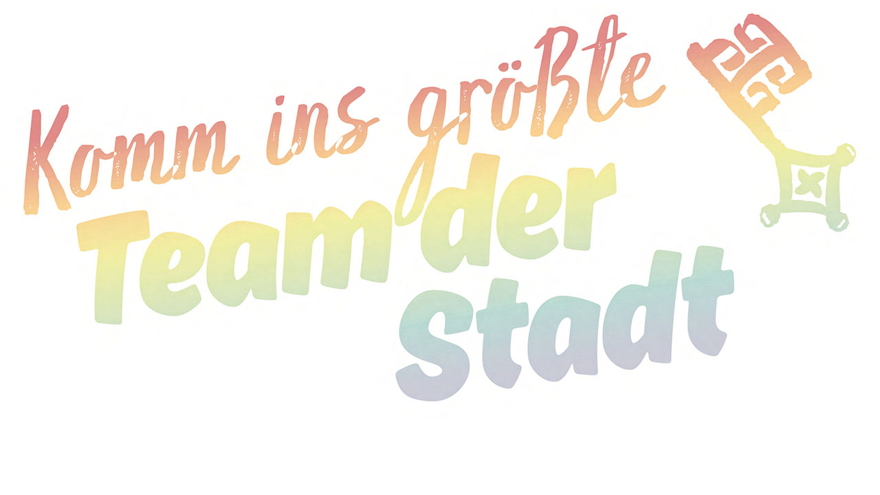 Schlüssel und Schriftzug in bunten Farben mit der Aufschrift: Komm ins größte Team der Stadt
