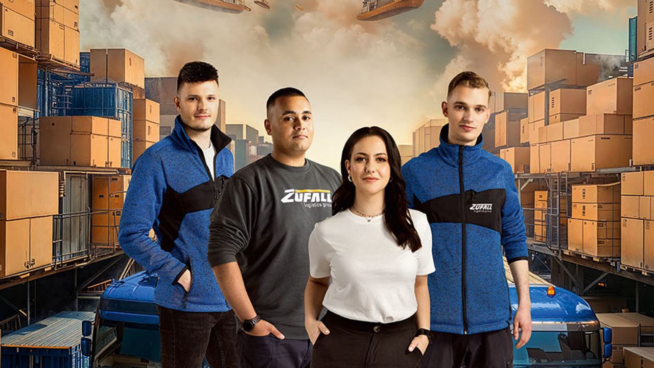 Vier Auszubildende in einer Lagerhalle