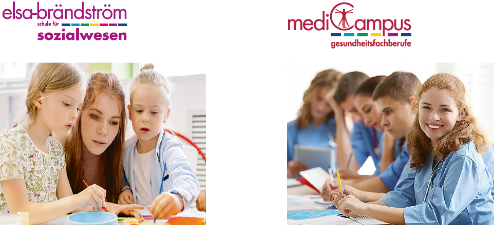Foto einer Erzieherin zwischen zwei Mädchen malend an einem Tisch und dem Logo der elsa-brandström Schule für Sozialwesen daneben ein Bild von 5 Schülerinnen beim Lernen und dem Logo des Medi Campus Gesundheitsfachberufe