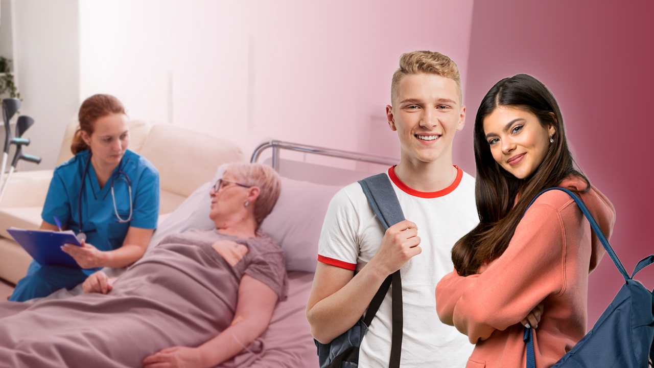 Pflegerin mit Patientin und daneben ein Schüler und eine Schülerin