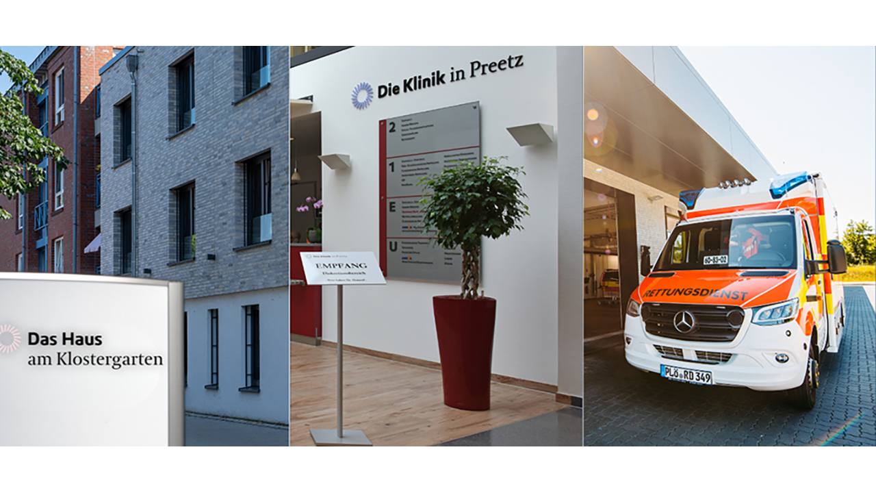 Bildcollage der drei Einrichtungen – Hauseingang und Krankentransportwagen