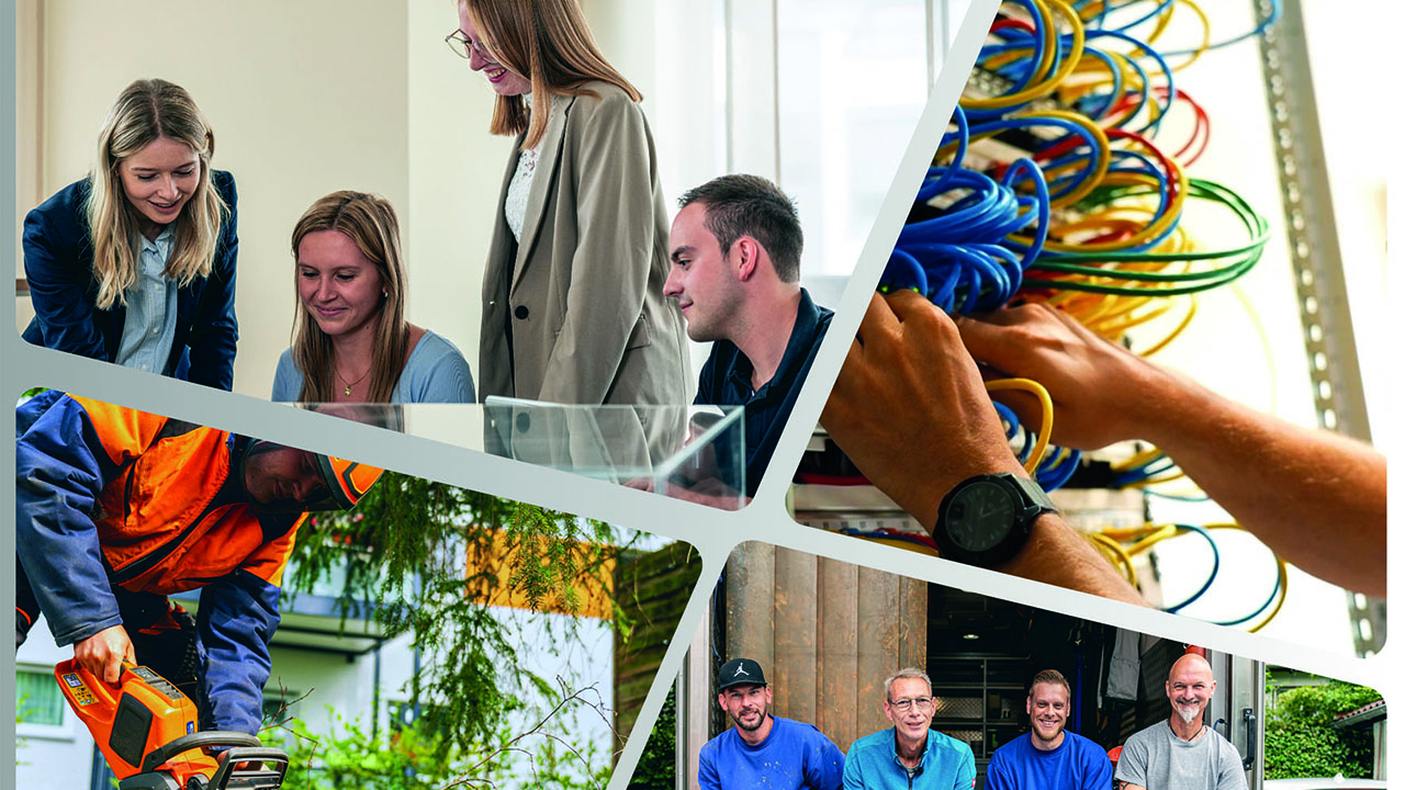 Collage aus vier Bildern zeigen den Arbeitsalltag bei GEWOBAU Erlangen.

