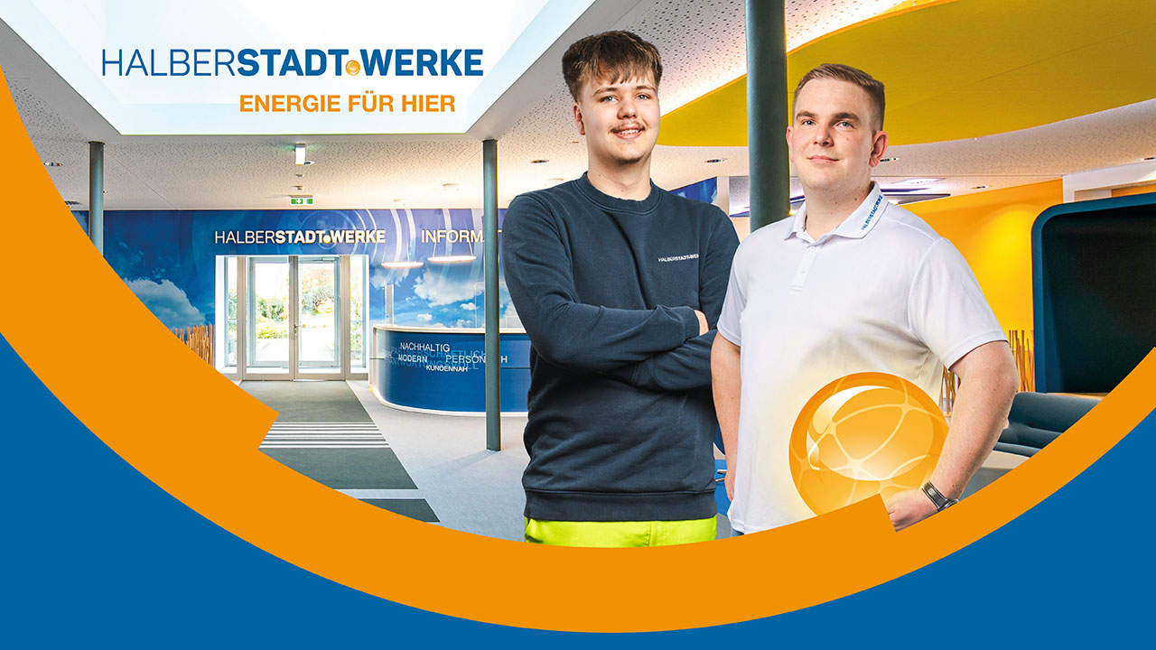 Grafik mit zwei Auszubildenden der Halberstadtwerke, die im Empfangsbereich stehen.