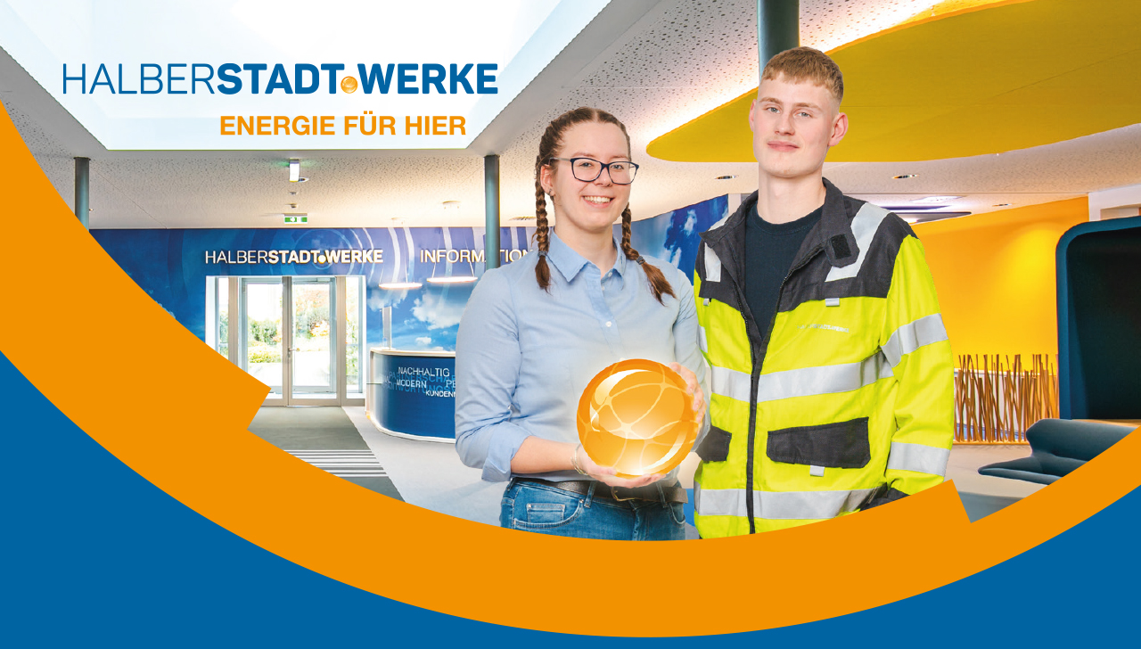 Grafik mit zwei Auszubildenden der Halberstadtwerke, die im Empfangsbereich stehen.