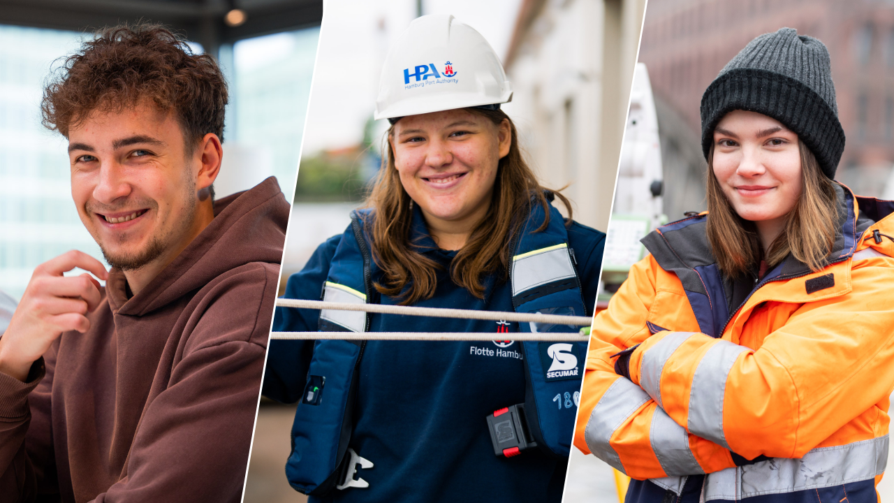 Drei junge Mitarbeitende in verschiedenen Positionen.
