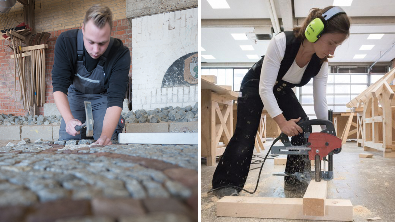 Collage aus zwei Bilder. Sie zeigen Personen beim ausüben handwerklicher Berufe.
