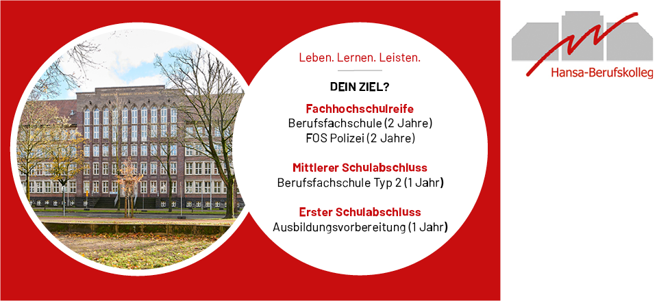 Logo Hansa-Berufskolleg Münster und Bild mit Schulgebäude, Bildaufschrift: Leben. Lernen. Leisten.