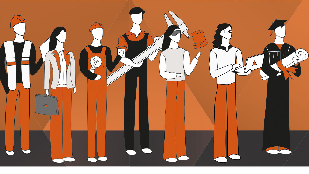 Illustration mit Menschen in unterschiedlicher Berufskleidung