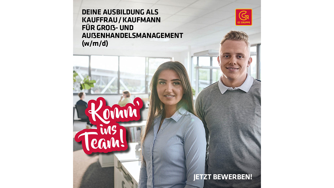 Werbekampagne " Komm ins team!" Zwei Menschen stehen in einem Büro