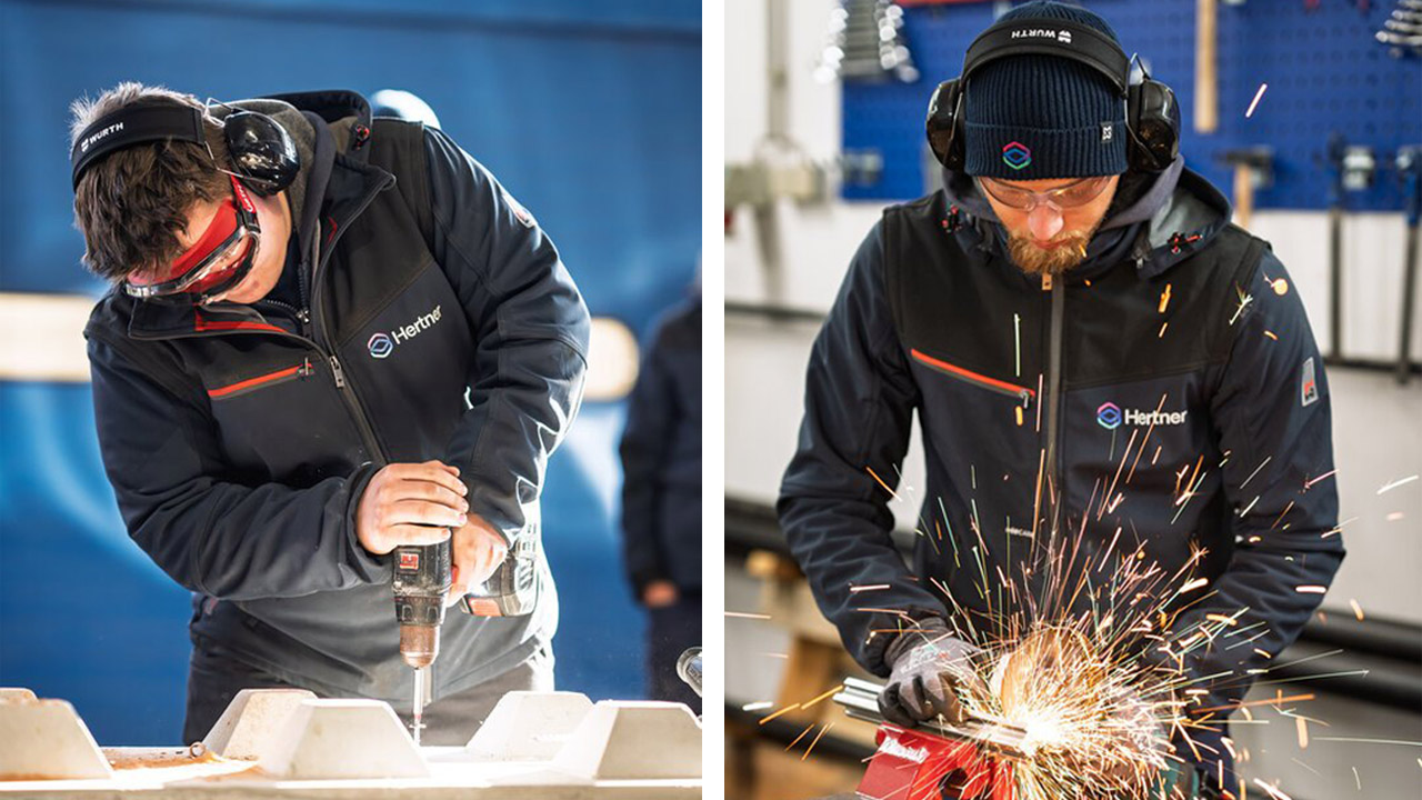 Collage aus zwei Bildern. Das linke Bild zeigt eine Person mit Schutzbrille, Gehörschutz und Bohrer. Auf dem rechten Bild sieht man eine weitere Person, sie schleift einen metallischen Gegenstand. 