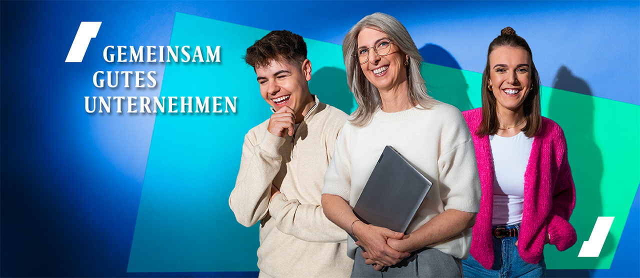 Drei freundliche Personen, Spruch: Gemeinsam Gutes Unternehmen