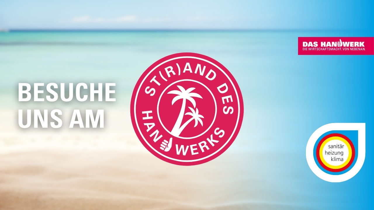 Strandbild mit Aufschrift "Besuche uns am St(r)and des Handwerks" und Logo Innung für Sanitär- und Heizungstechnik Oldenburg 