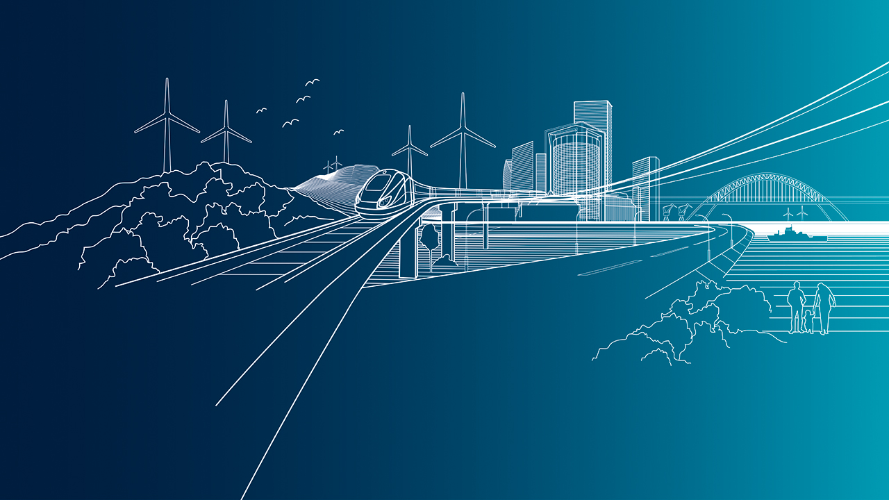 Grafisches Bild mit Blauverlauf. Es zeigt eine in weiß gezeichnete Skyline.