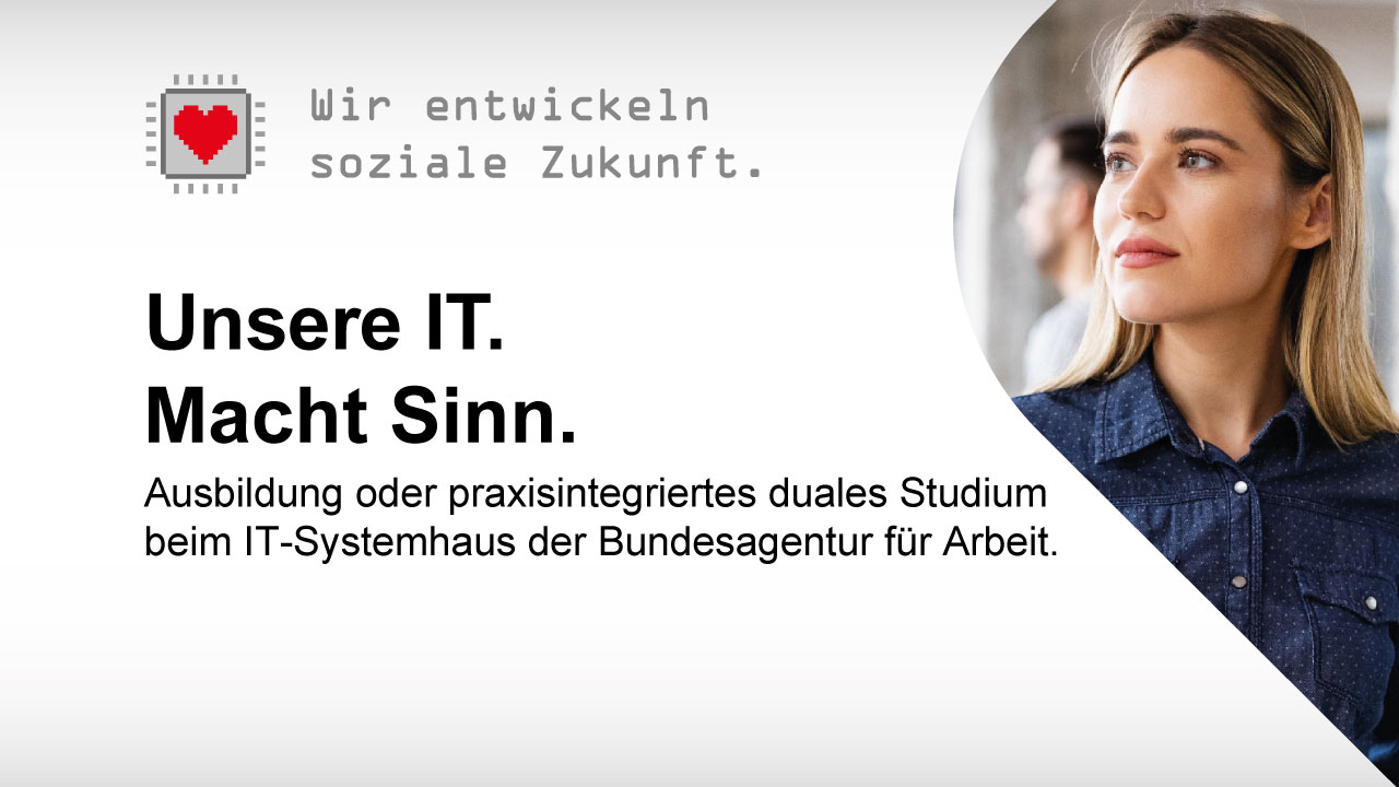 Junge lächelnde Person mit Laptop in der Hand, Bildaufschrift: Wir entwickeln soziale Zukunft.