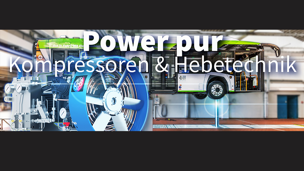 Collage aus verschiedenen Bildern im Hintergrund sieht man Bus auf einer Hebebühne. im Vordergrund its ein Motor zu sehen. Darüber der Slogan in weiß "Power pur Kompressoren & Hebetechnik".